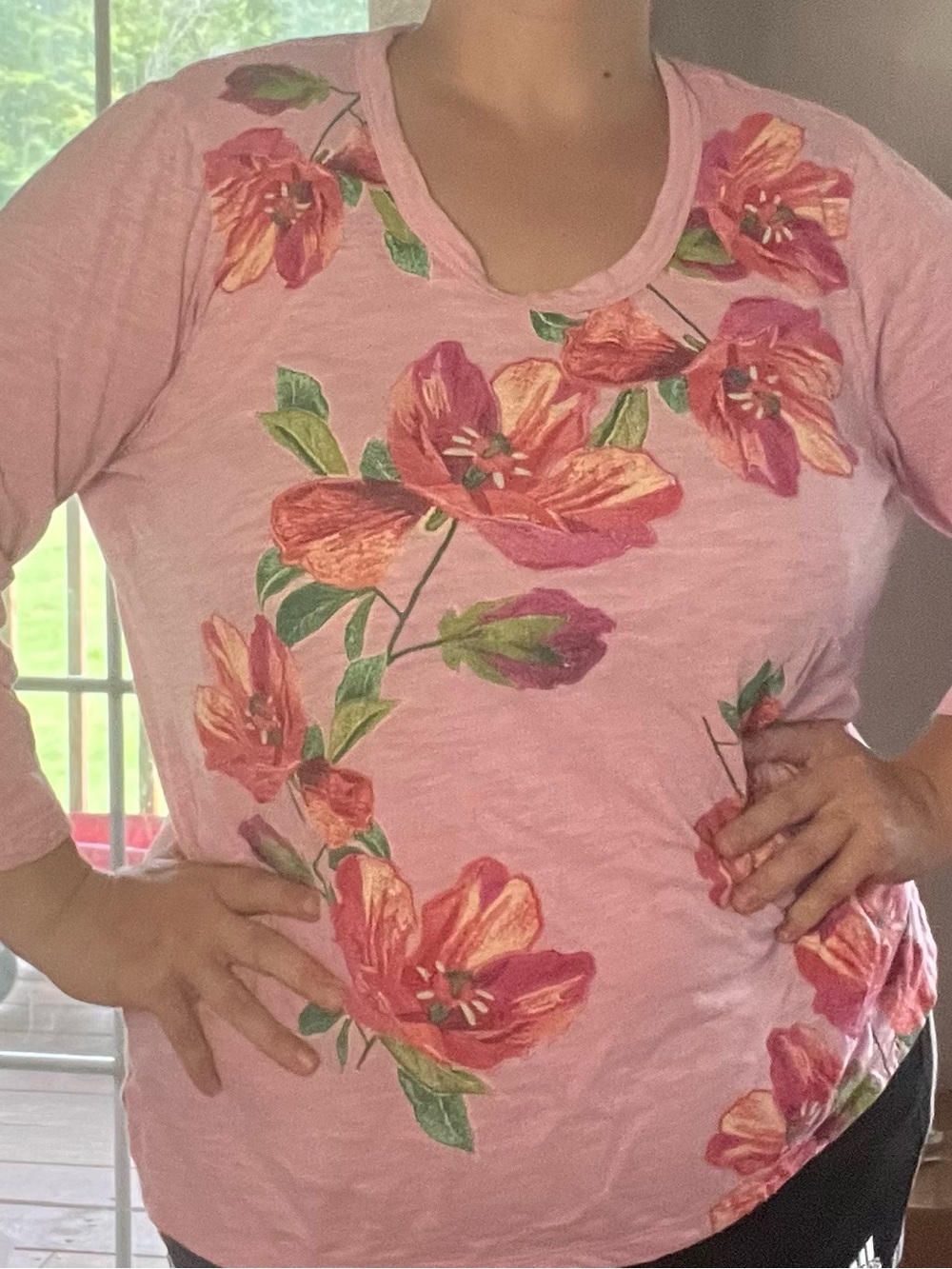Chico's Pink Floral V-Neck Long Sleeve Top